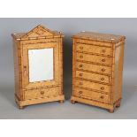 A late 19th century French bird's eye maple diminutive chest and matching armoire, probably made