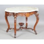 A late 19th century walnut centre table, the shaped white marble top above carved cabriole legs,