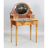 An early 20th century French walnut and boxwood inlaid marble-topped dressing table, fitted with
