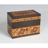 A Victorian Tunbridge ware box by Edmund Nye, containing two cut glass inkwells and stoppers, the