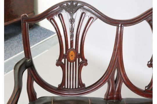 An early 20th century George III style mahogany triple-shield back settee, upholstered in buttoned - Image 10 of 10