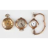 A 14ct gold cased keyless wind open-faced lady's fob watch with cylinder movement, base metal