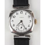 A Unicorn silver cushion cased gentleman's wristwatch with signed jewelled movement, the signed