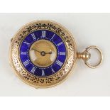 A gold and enamelled half hunting cased keywind lady's fob watch with unsigned gilt jewelled