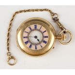 An 18ct gold and enamelled half hunting cased keyless wind pocket watch with gilt three-quarter