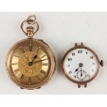 A gold cased keyless wind open-faced lady's fob watch with unsigned gilt jewelled cylinder movement,