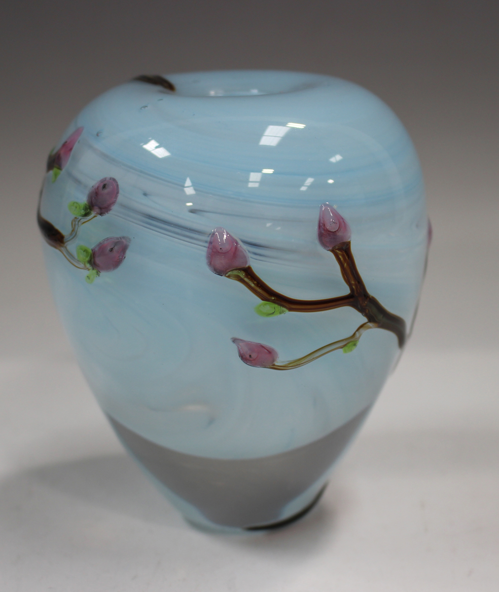 A Siddy Langley studio glass vase, circa 2022, decorated with budding tree branches against a pale - Image 6 of 7