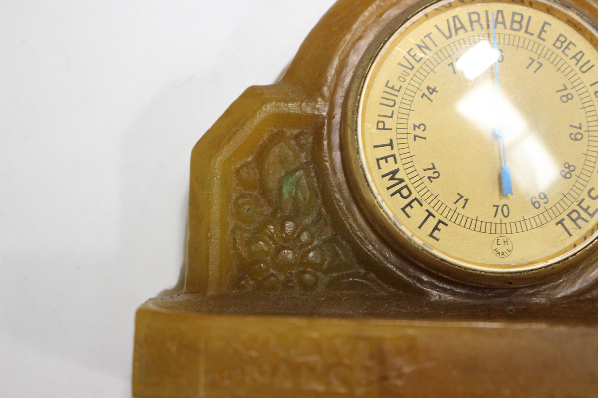 An Almeric Walter pâte-de-verre glass desk barometer, 1920s, of arched form, housing a circular - Image 3 of 8