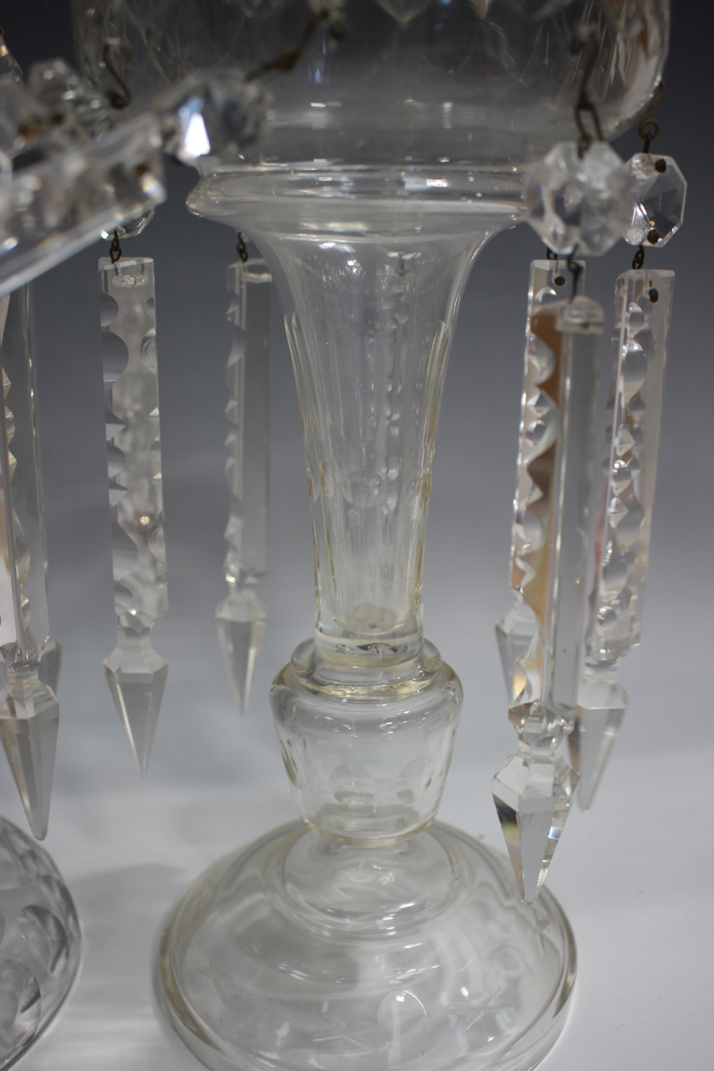 A pair of clear cut glass table lustres, early 20th century, the baluster stems cut with circular - Image 2 of 2