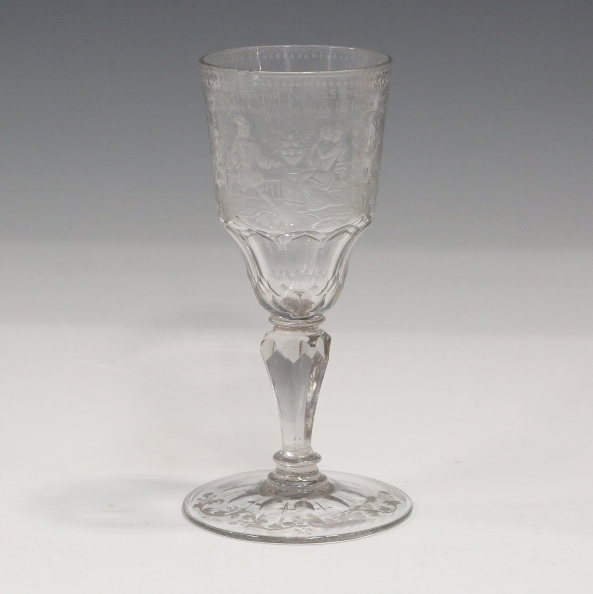 A mixed group of glassware, 18th century and later, including an engraved German soda glass wine