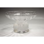 A Lalique frosted and clear Nogent pattern footed dish, the stem modelled as four birds, engraved '