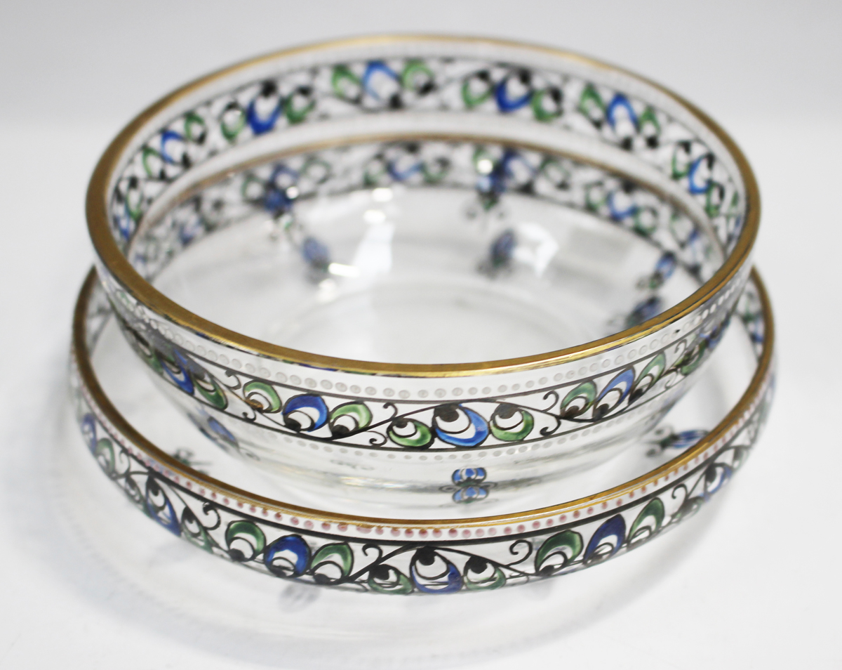 A set of three enamelled glass Secessionist finger bowls and stands, Steinschonau, circa 1915, - Image 3 of 4