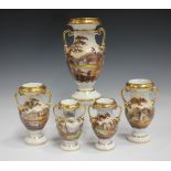 A garniture of five Ridgway porcelain two-handled vases, circa 1810-20, the baluster bodies