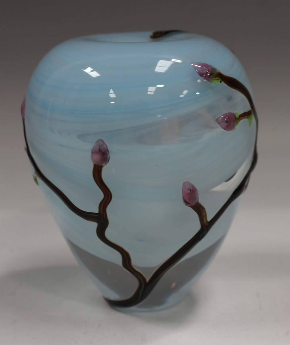 A Siddy Langley studio glass vase, circa 2022, decorated with budding tree branches against a pale - Image 5 of 7