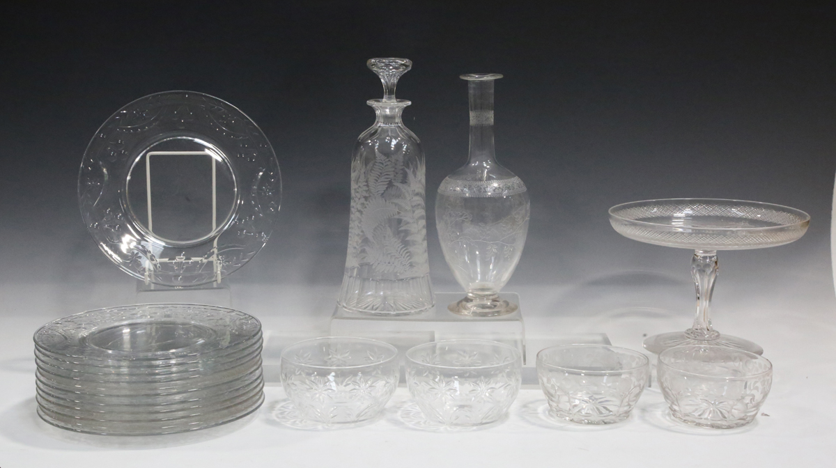 A large mixed group of mostly serving and table glassware, late 19th and early 20th century, the