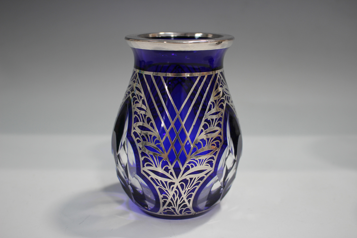 A blue flashed and cut glass vase with silver overlay decoration, the bulbous body with three - Image 5 of 6
