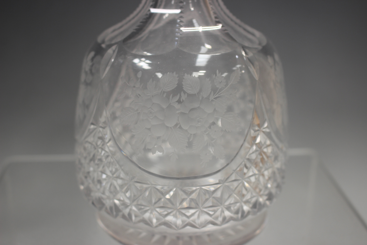 A pair of globe and shaft engraved decanters and stoppers, late 19th century, each with a band of - Image 6 of 8