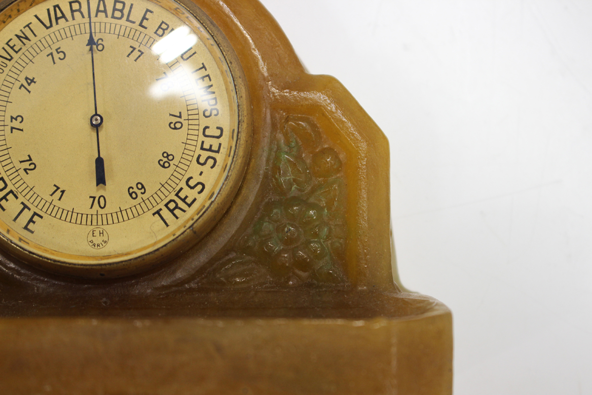 An Almeric Walter pâte-de-verre glass desk barometer, 1920s, of arched form, housing a circular - Image 4 of 8