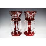 A pair of ruby overlay and clear glass lustres, late 19th century, each scallop rimmed bowl
