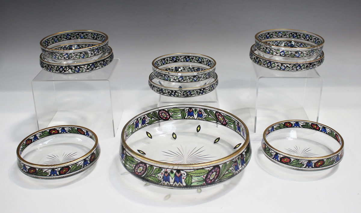 A set of three enamelled glass Secessionist finger bowls and stands, Steinschonau, circa 1915,