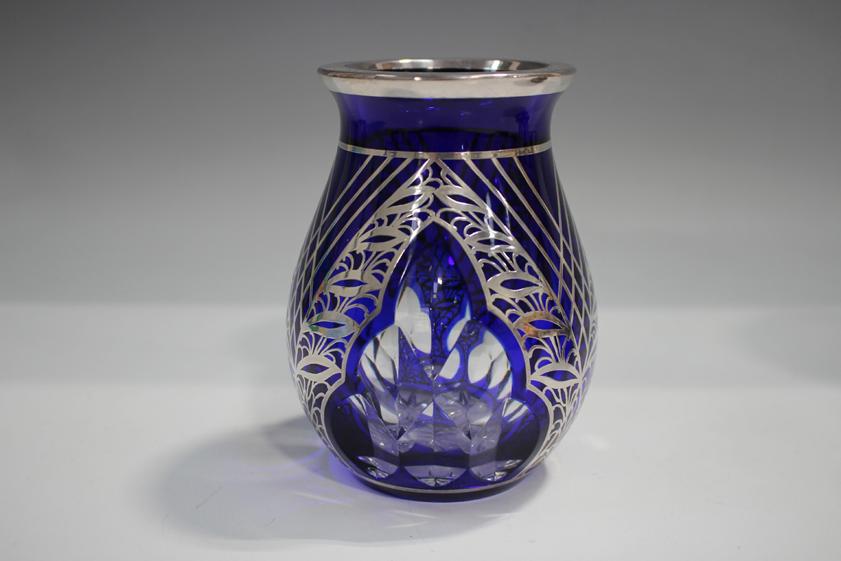 A blue flashed and cut glass vase with silver overlay decoration, the bulbous body with three - Image 6 of 6