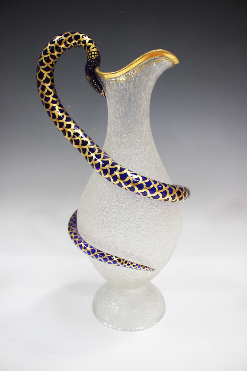 A craquelure ice glass ewer with snake handle, probably French, circa 1850, the pear shaped body - Image 13 of 13