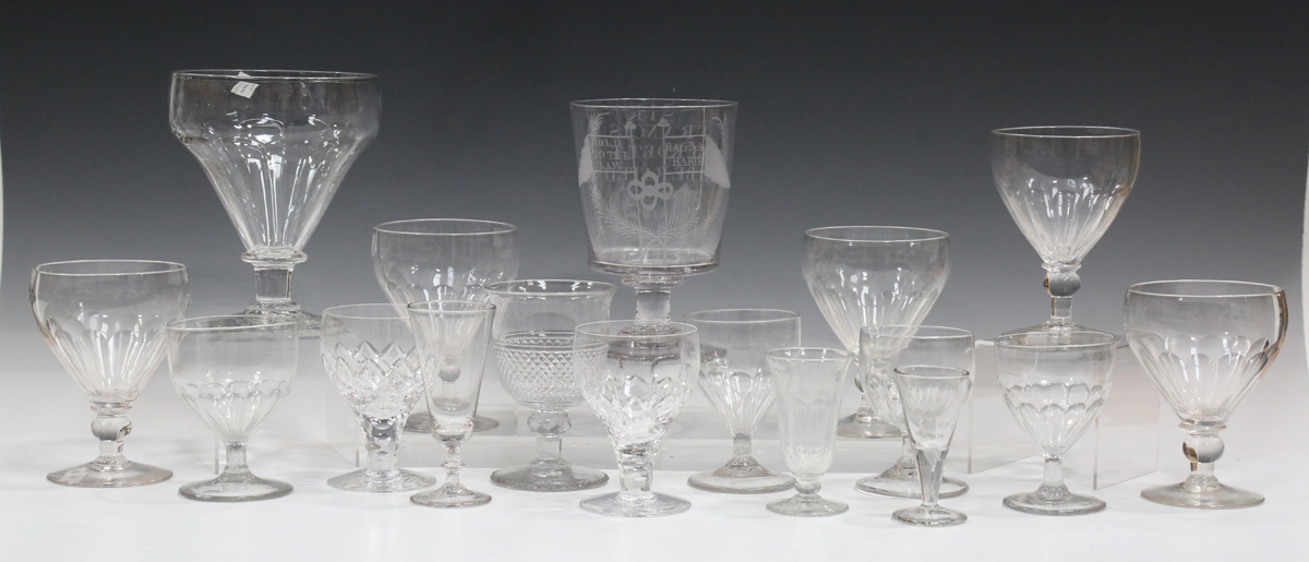 A mixed group of glassware, 18th century and later, including an engraved German soda glass wine - Image 4 of 11