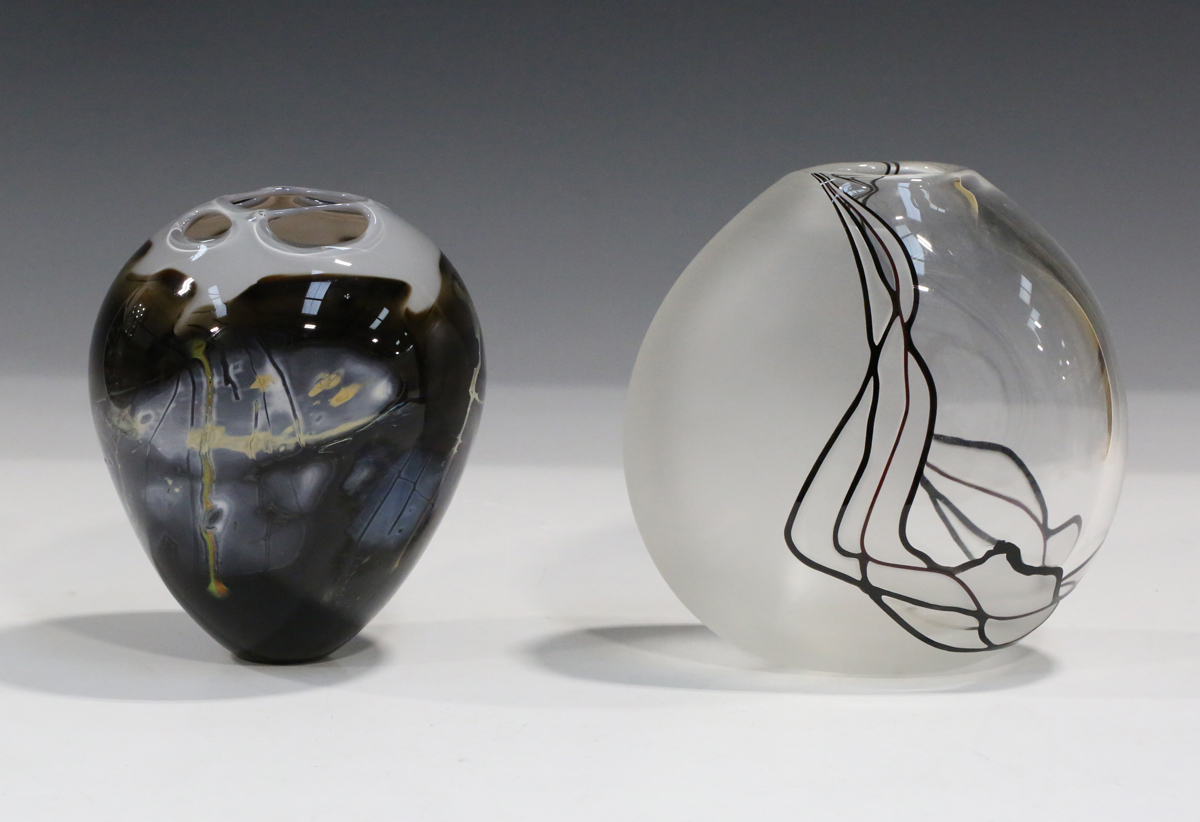 A Layne Rowe studio glass vase, dated 1997, of egg shape, the brown ground with multicoloured