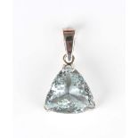 A white gold and aquamarine singe stone pendant, claw set with a large triangular mixed cut