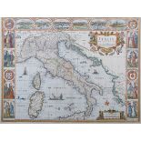 John Speed - 'Italia' (Map of Italy), 17th century engraving with later hand-colouring on laid