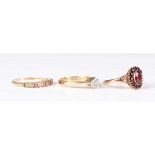 A 9ct gold and diamond seven stone cluster ring, London 1981, ring size approx N, a 9ct gold, ruby