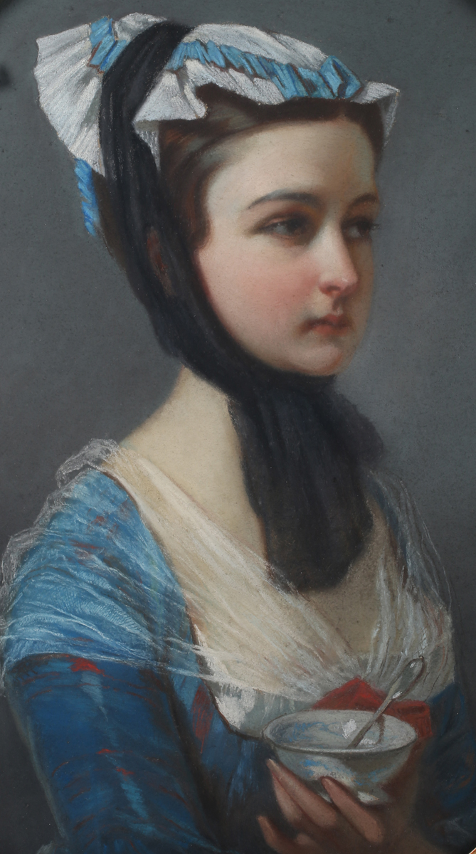 Continental School - Half Length Portrait of a Young Lady wearing a Blue Dress and Bonnet tied - Image 2 of 7