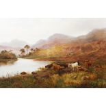 Leslie Stuart - Highland Landscape with Cattle Watering, oil on canvas, signed and dated 1913 recto,