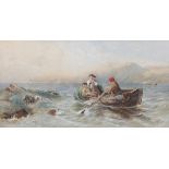 M.A. Lane, British School - Figures in a Rowing Boat off a Coastline with Dogs, 19th century