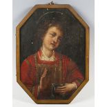 Continental School - Catholic Saint holding a Quill, 18th century oil on octagonal shaped panel,