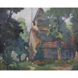 Frank Sherwin - Church in a Landscape, 20th century oil on board, signed, 32cm x 29.5cm, within a