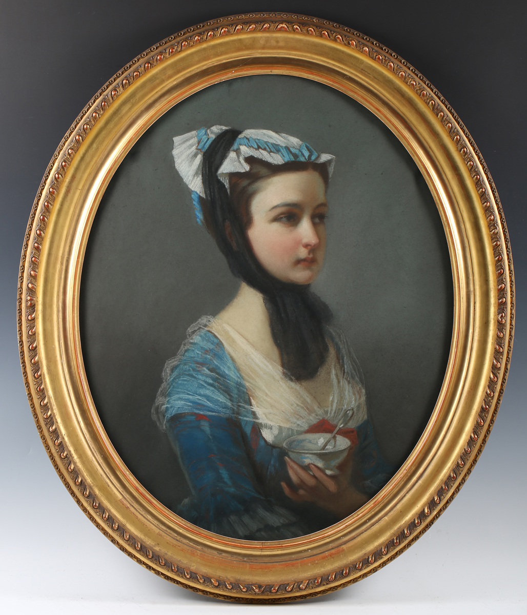 Continental School - Half Length Portrait of a Young Lady wearing a Blue Dress and Bonnet tied
