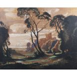 Baragwanath King - Extensive Landscape view with Castle Ruins and seated Figure, gouache on paper