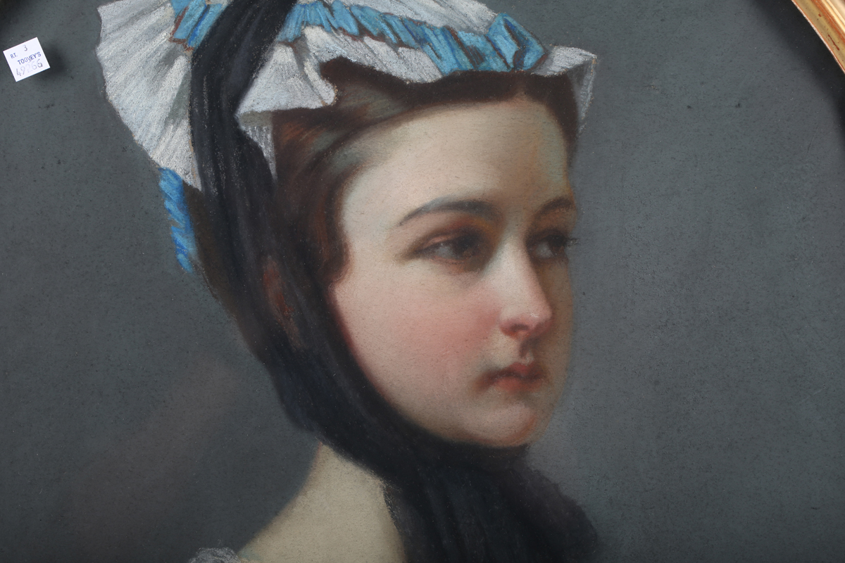 Continental School - Half Length Portrait of a Young Lady wearing a Blue Dress and Bonnet tied - Image 7 of 7