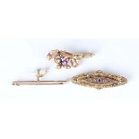 A late Victorian 9ct gold, rose cut diamond and blue gem set oval brooch with applied decoration,
