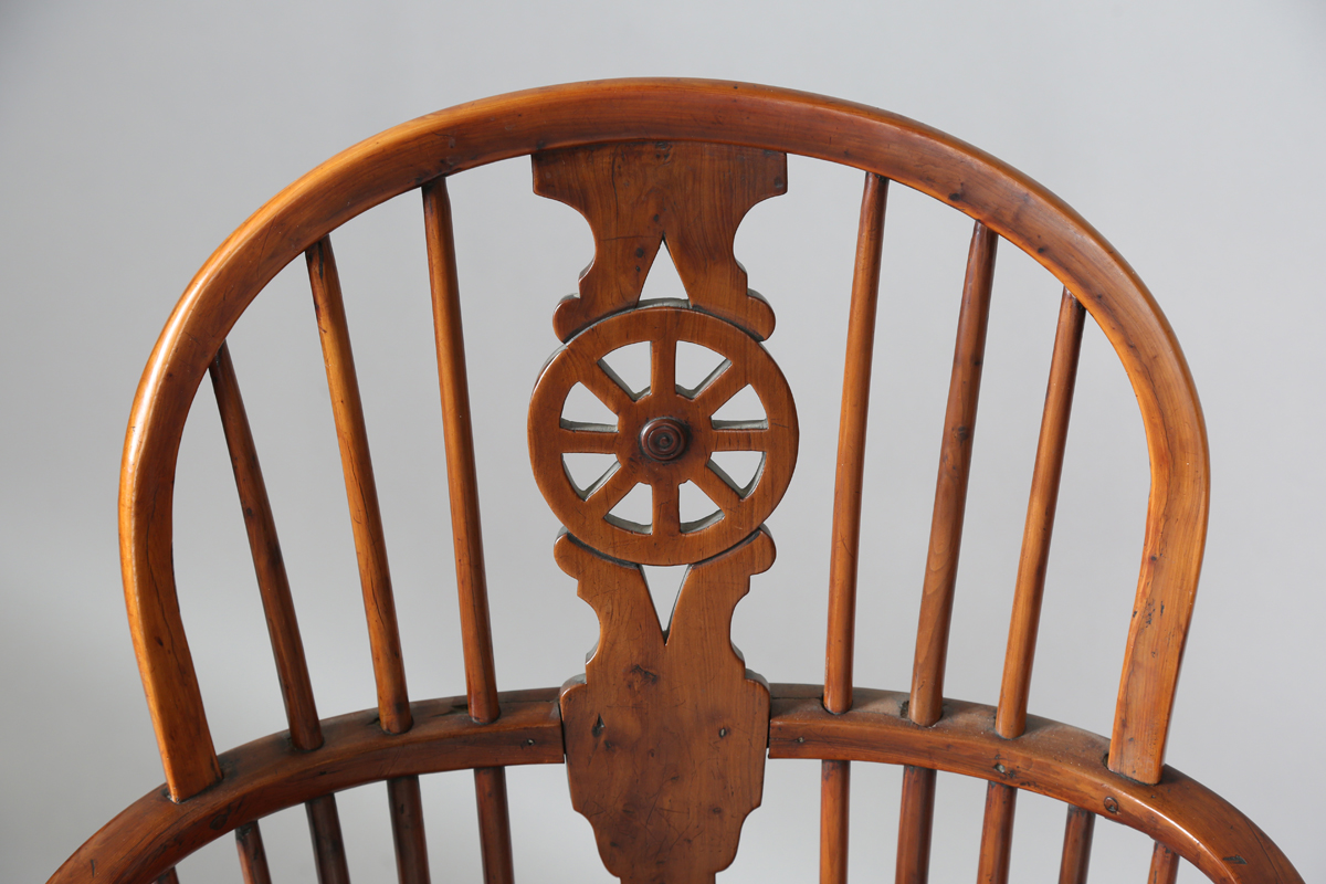 An early Victorian yew and elm stick and wheel back Windsor armchair with shaped panel seat and - Image 14 of 14