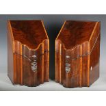 A pair of George III mahogany and satinwood crossbanded knife boxes, the serpentine fronts with