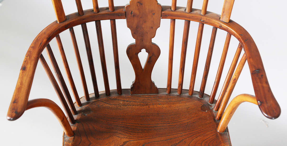 An early Victorian yew and elm stick and wheel back Windsor armchair with shaped panel seat and - Image 12 of 14