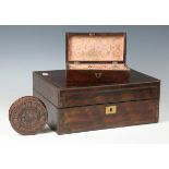 An early Victorian rosewood and brass inlaid travelling vanity case, the interior partially fitted