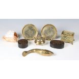 A small group of collectors' items, including an Eastern brass model of an articulated fish,