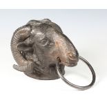 A late 20th century cast iron ram's head wall mask with ring handle, height 14cm.Buyer’s Premium