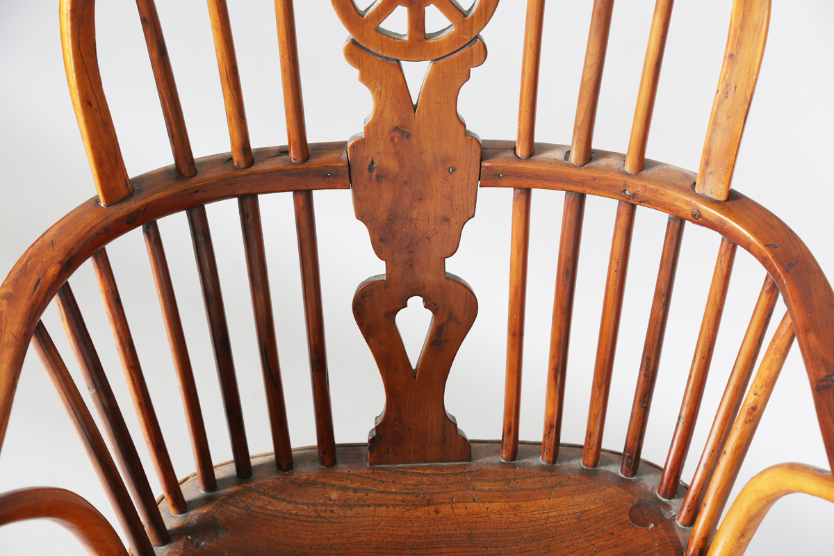 An early Victorian yew and elm stick and wheel back Windsor armchair with shaped panel seat and - Image 13 of 14