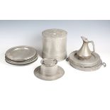 A collection of mainly 19th century pewter plates, a 19th century pewter inkwell, diameter 22cm, a