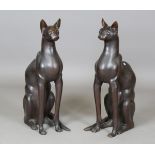 A large pair of 20th century brown patinated bronze models of seated Egyptian style cats, height