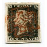 Great Britain 1840 1d black plate 2 stamp on piece with scarce double-lined red Maltese Cross,